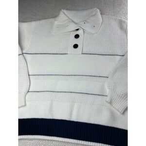 COMMENSE Women's‎ Striped Knit Polo Sweater Size M White Navy Long Sleeve